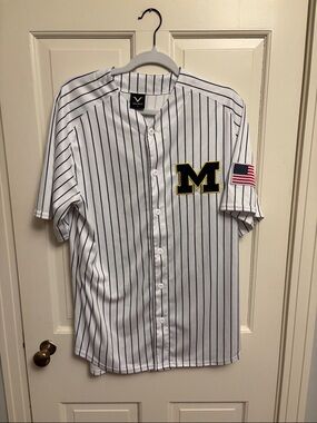 Valiant Pinstripe Baseball Jersey with Navy Stripes and Black/Gold 'M' Patch